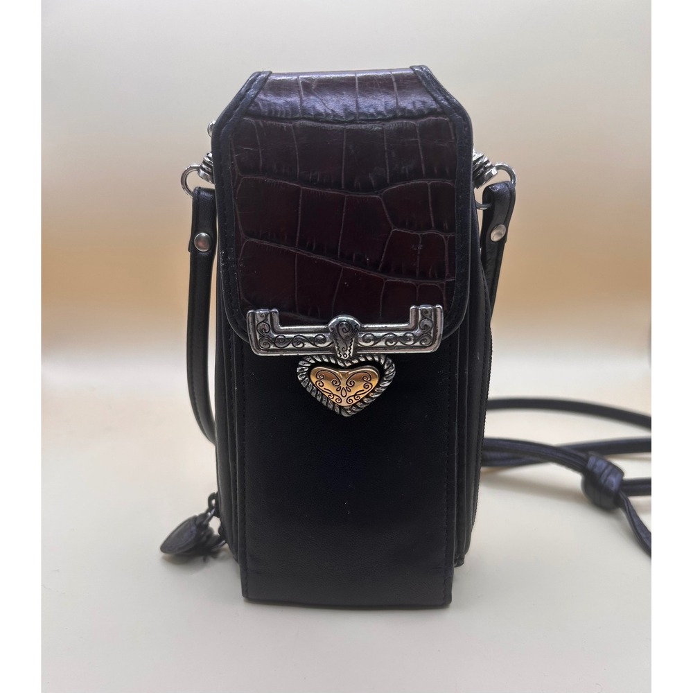 Brighton‎ Black Brown Croc Leather Crossbody Phone Bag Silver/Gold Heart - Picture 2 of 12